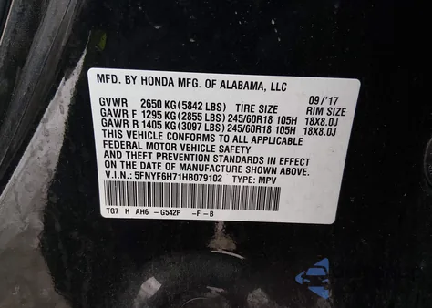 2017 Honda Pilot Ex-L z USA, uszkodzony, nr VIN 5FNYF6H71HB079102